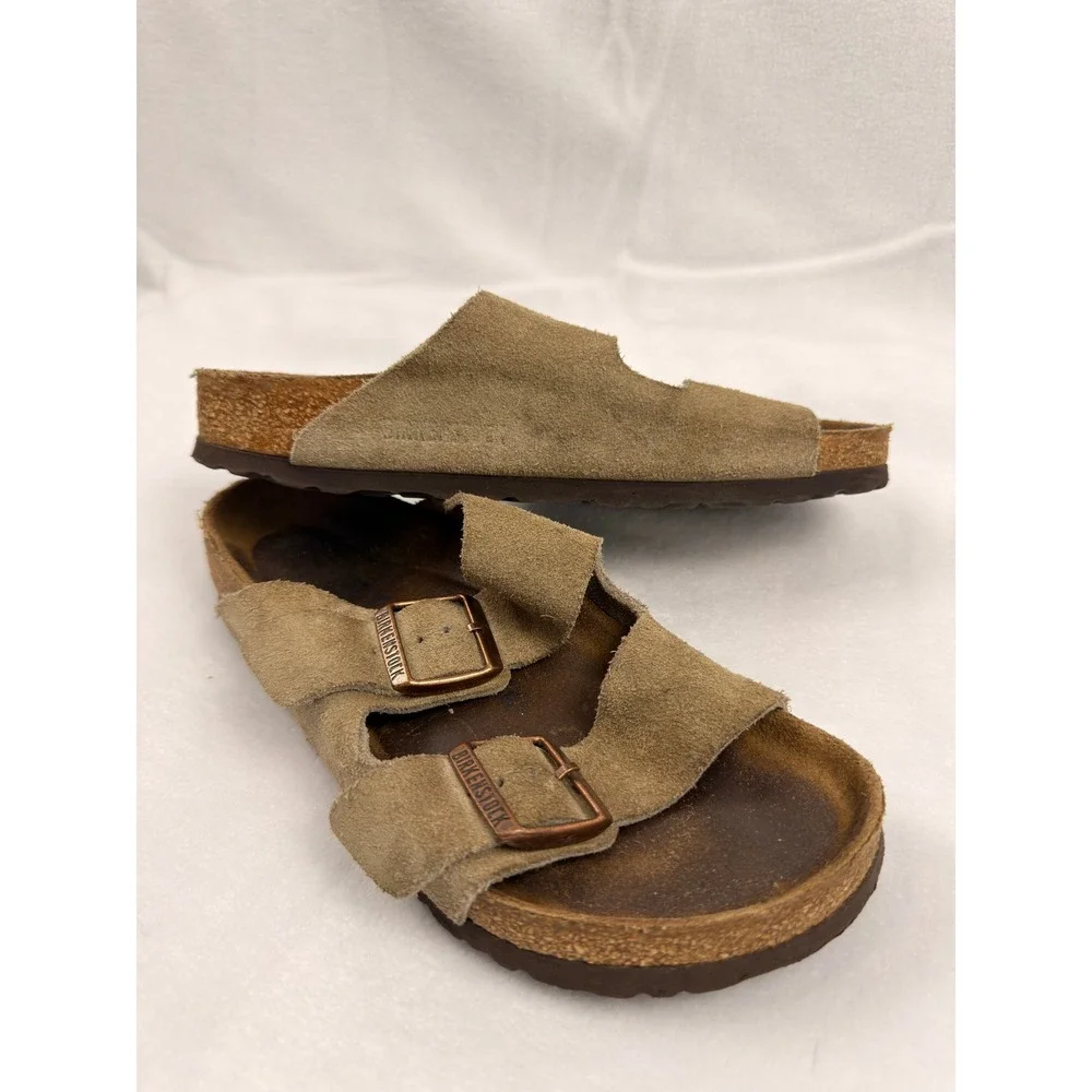 Birkenstock Arizona Taupe Suede Two Strap Buckle Sandals Womens 37 L6 M4